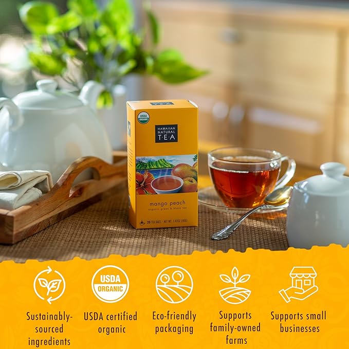 Hawaiian Natural Tea Mango Peach Flavored Organic Tea - Tropical Fruit Green and Black Tea Blend - Perfect Daily Cup & Gift for Special Occasions - 20 Tea Bags
