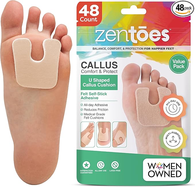 ZenToes Callus Pads | U-Shaped Design Moleskin Blister Pads | Self-Stick Adhesive Felt All Day Comfort Cushions for Calluses and Corns | Reduce Pressure and Friction | 48 Count (Beige)