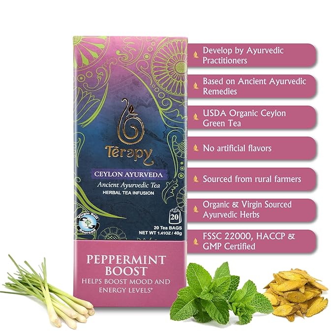 Térapy Ceylon Peppermint Tea | All Natural Herbal Ingredients | 100% Organic Peppermint Tea Bags Individually Wrapped | Eco-friendly & Unbleached Herbal Tea Bags | 20 Count