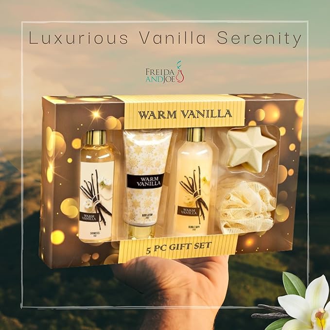 Freida & Joe Fragrance Bath & Body Collection Gift Box, Includes Shower Gel, Body Lotion, Body Scrub, Bath Bomb & Sponge (Warm Vanilla 2.0)