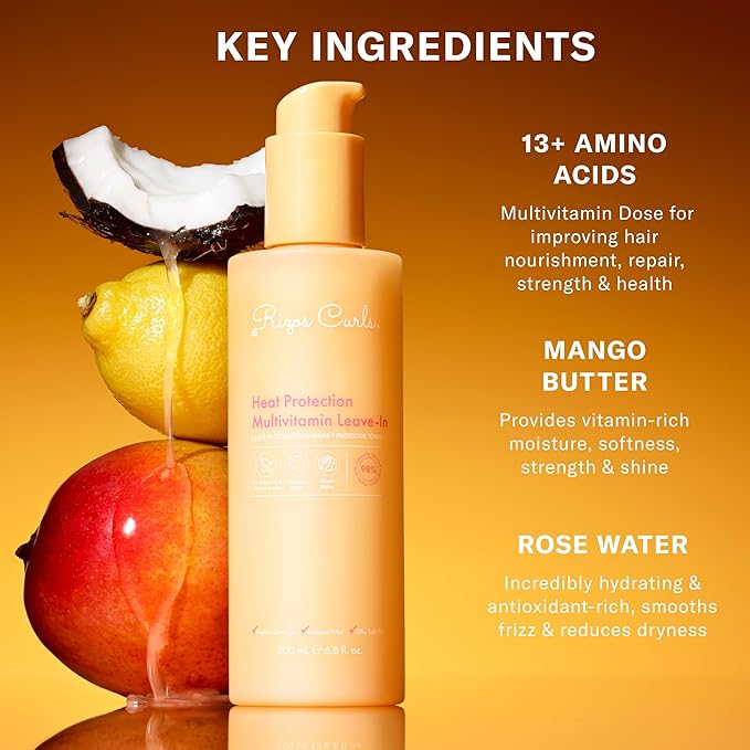 Rizos Curls Heat Protection Multivitamin Leave-In, Protects Up to 450°F, Reduces Frizz, Repairs Hair with Vitamins & Amino Acids, Adds Natural Shine