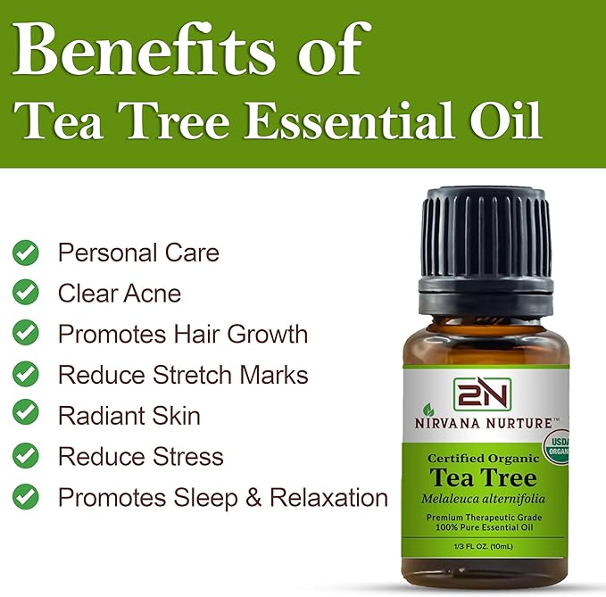 Tea Tree Essential Oil USDA Certified Organic 100% Pure Premium Therapeutic Grade, Undiluted - Aromatherapy Diffuser for Calm and Relaxation, Skin Care, Hair Care