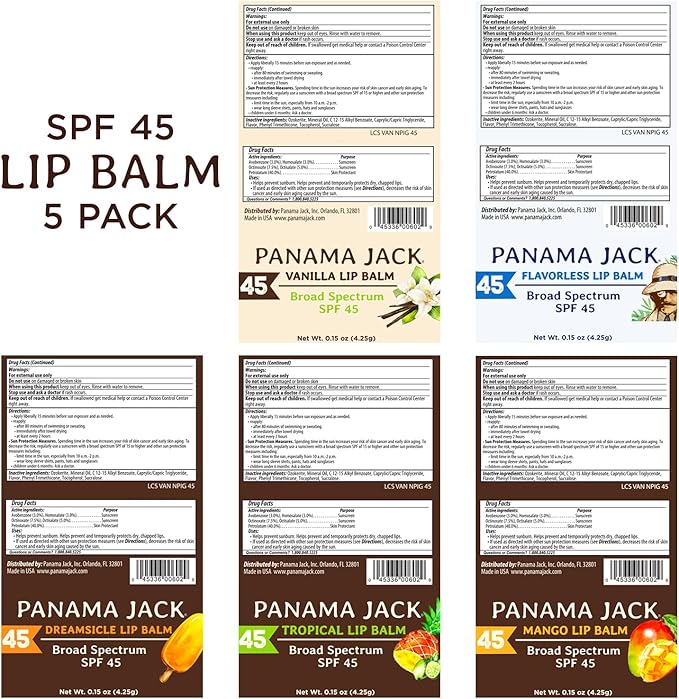 Panama Jack Sunscreen Lip Balm - SPF 45, Flavor Pack, Broad Spectrum UVA-UVB Sunscreen Protection, Prevents & Soothes Dry, Chapped Lips (Dreamsicle/Vanilla/Tropical/Mango)