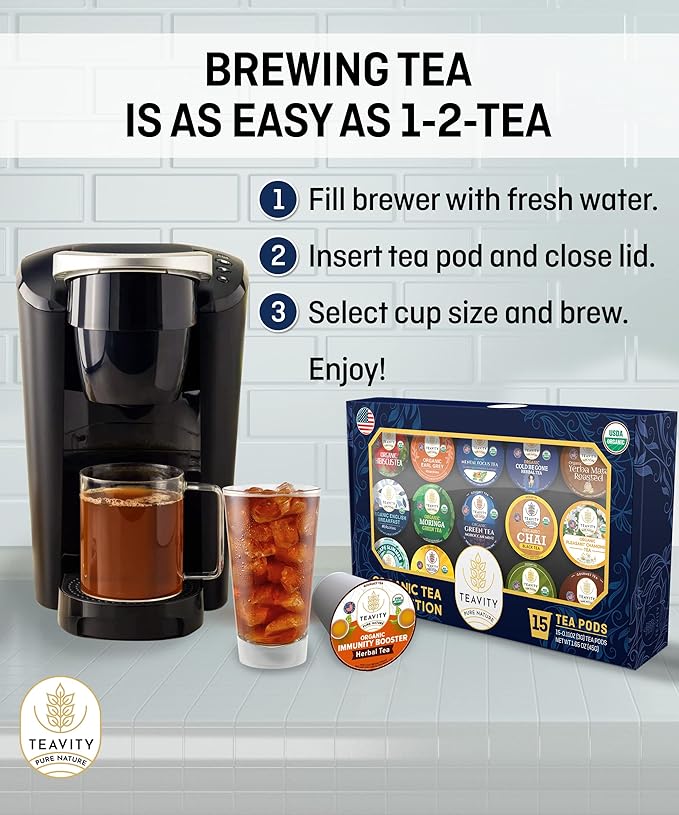 Organic Tea Pods Variety Pack - Assorted Sampler Pack Compatible for Keurig Brewer and Coffee Maker - Earl Grey, English Breakfast, Chai, Chamomile - Herbal Tea Pod for K Cup Keurig Brewing -15 count (Pack of 1) by Teavity