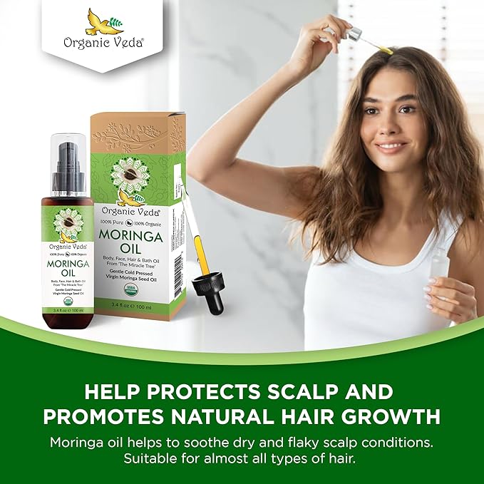 Organic Veda Moringa Oil Virgin 100% Pure & USDA Organic - Multi Purpose, Face, Hair & Skin, Nails, Fast Absorbing, Moisturizing & Beautifying - The Miracle Tree Moringa Oleifera Seed Oil, 3.4 fl.oz