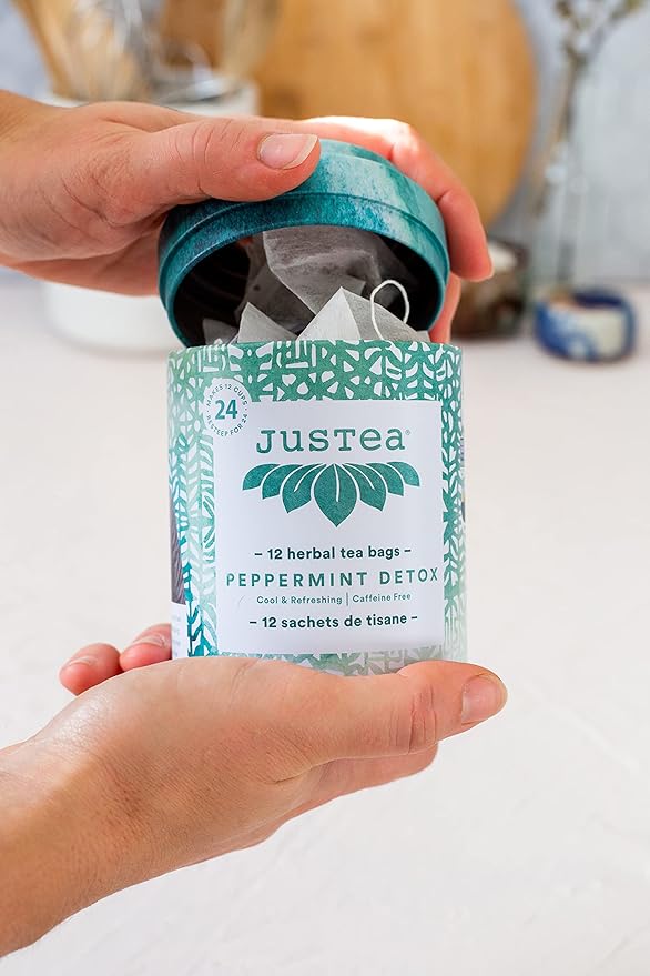 JusTea Peppermint Detox | Pyramid Compostable Tea Bags | Herbal Tea | 12+ Cups | Caffeine Free | Award-Winning | Fair Trade | Non-GMO