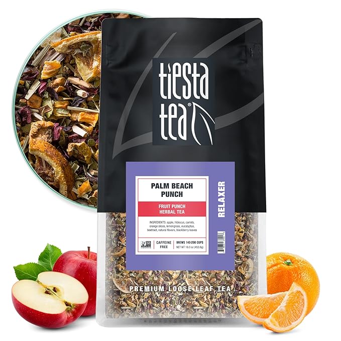 Tiesta Tea - Palm Beach Punch | Loose Leaf | Fruit Punch Herbal Tea | Caffeine-Free Tropical Blend with Apple and Orange | Brews Hot or Iced | 16oz Resealable Bulk Pouch | Up to 200 Cups