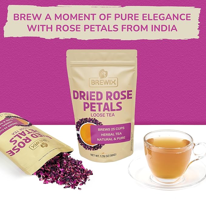 BREWIX, Pure Dried Rose Petals Loose Tea (25+ Cups,1.76oz/50g) Edible Flowers for Cocktails,Garnishing & Drinks, Tea,Baking,Desserts,Bread,Cake,Bath,DIY Skincare Edible Rose Petals in Resealable Bag