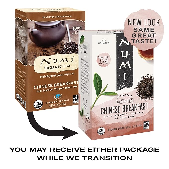 Numi Organic Tea Chinese Breakfast, 18 Count Box of Tea Bags (Pack of 3) Yunnan Black Tea