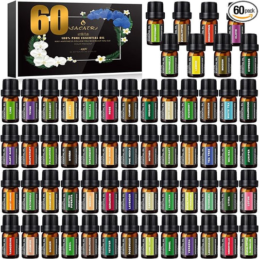 Premium Essential Oils Set - Pure Essential Oils-Perfect for Diffuser, Humidifier, Massage, DIY Candle and Soap Making（60x5 ML）