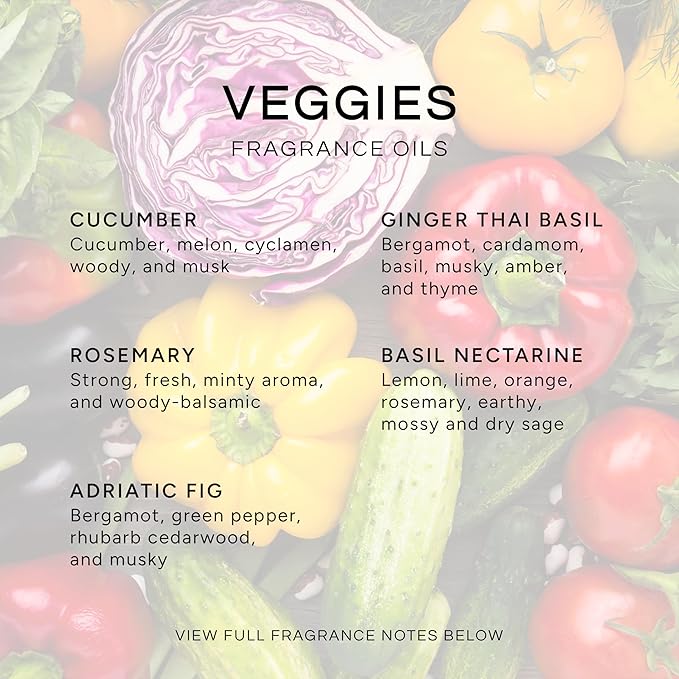 Eternal Essence Veggies Set of 6 Premium Fragrance Oils - Includes Cucumber, Avocado & Mint, Rosemary, Ginger Thai Basil, Basil Nectarine, and Adriatic Fig Scented Oils - 10ML