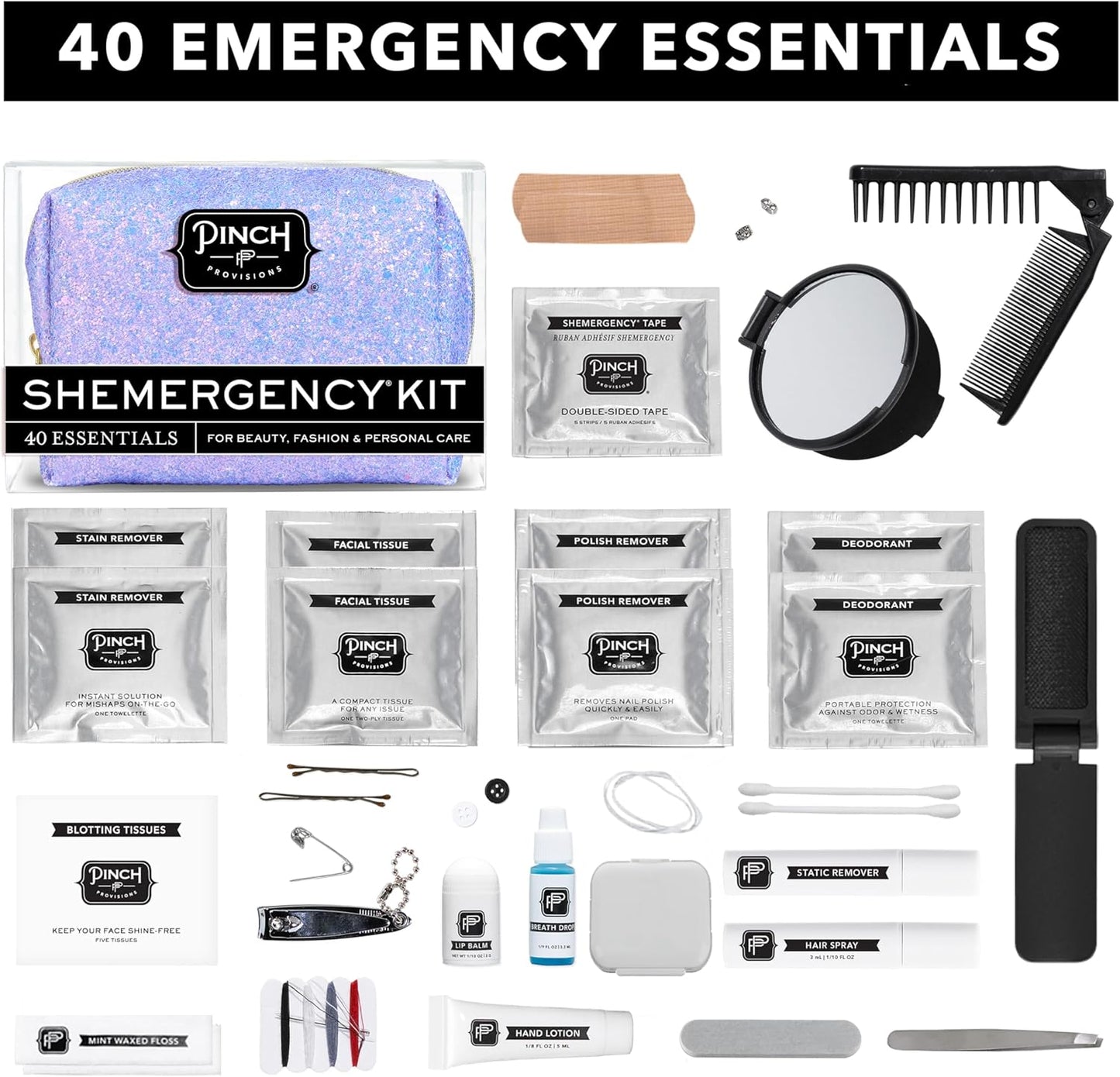 Pinch Provisions Shemergency Kit for Her, 40 Emergency Essential Items, Compact, Multi-Functional Pouch, Gift for Women, Birthday, Bachelorette Parties, and More!