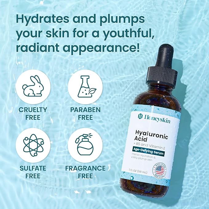 Honeyskin - Hyaluronic Acid Serum for Face with Vitamin E Oil for Skin - Anti-Aging and Hydrating Face, Hydration Moisturizer with B5 - Non-Greasy, Paraben Free, Wrinkle Reducing Serum - (2oz)