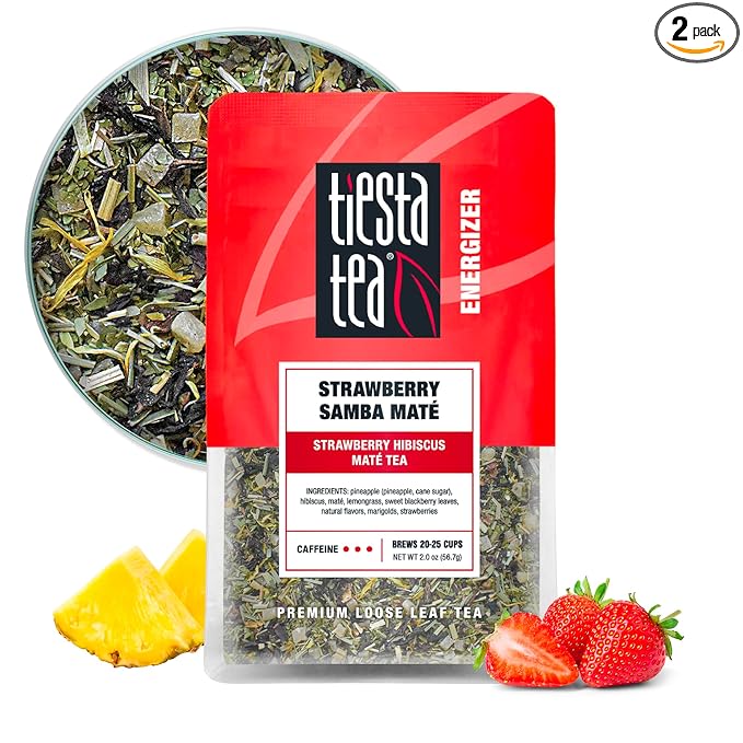 Tiesta Tea - Strawberry Samba Mate | Loose Leaf | Strawberry Hibiscus Mate Tea | High Caffeinated Fruit Blend | Make Hot or Iced Up to 25 Cups | 2 oz Resealable Pouch
