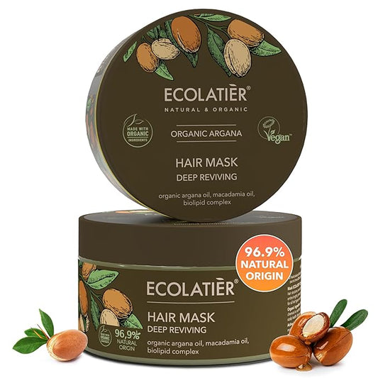 Organic Argana Oil Deep Reviving Vegan Hair Mask for damaged hair- ECOLATIER, 250ml - 96.9% Natural, Restores Shine, Argan & Macadamia Oils - 8.5 Fl Oz