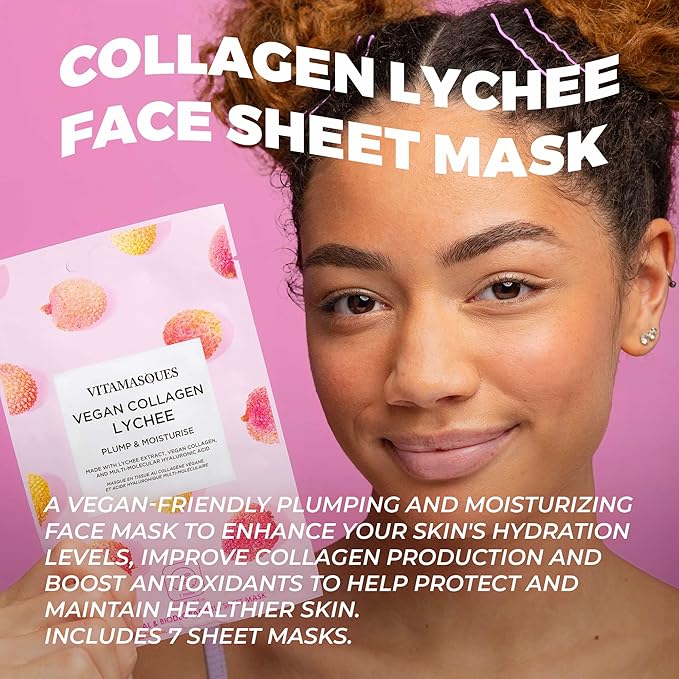 Vitamasques Vegan Collagen Lychee Face Sheet Mask Plumping & Moisturizing Korean Skin Care Facial Mask with Lychee Extract & Hyaluronic Acid - Natural & Biodegradable