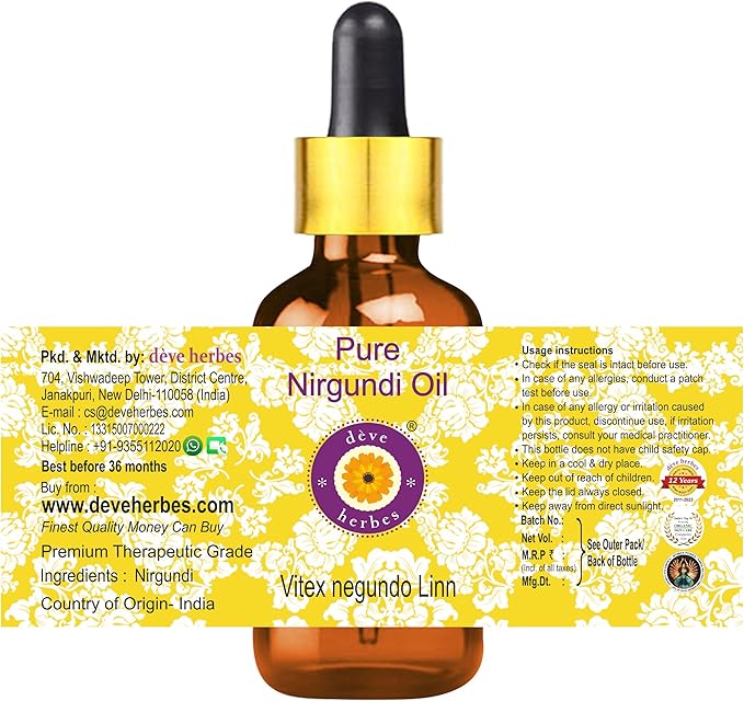 dève herbes Pure Nirgundi Oil (Vitex negundo Linn) with Glass Dropper (Pack of Three) 100ml X 3 (10 oz)