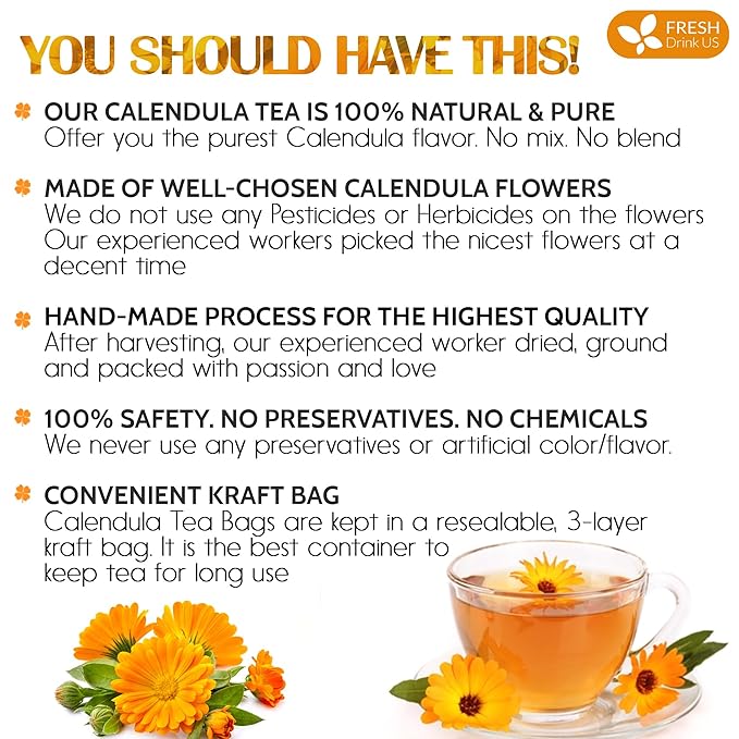 FRESHDRINKUS 75 Calendula Tea Bags, 100% Natural and Pure Calendula Flowers, Eco-conscious Tea Bags. Calendula Flower Herbal Tea. No Sugar, No Caffeine, No Gluten, Vegan.
