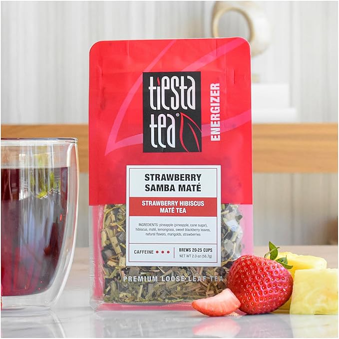 Tiesta Tea - Strawberry Samba Mate | Loose Leaf | Strawberry Hibiscus Mate Tea | High Caffeinated Fruit Blend | Make Hot or Iced Up to 25 Cups | 2 oz Resealable Pouch