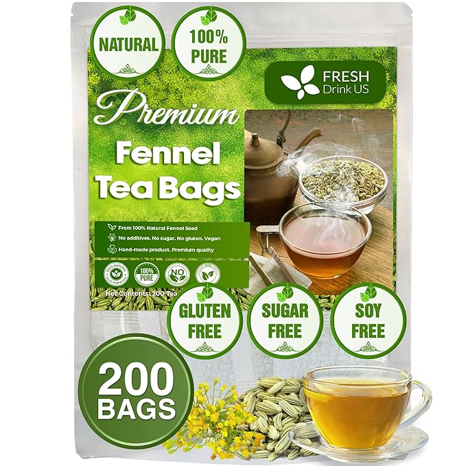FreshDrinkUS Premium 200 Fennel Tea Bags, 100% Natural & Pure From Seeds. Herbal Tea Made With Natural Material Bags. No Sugar, No Caffeine, No Gluten, Vegan.