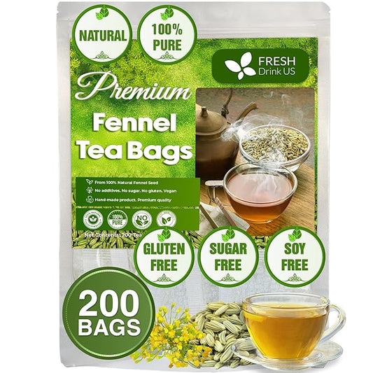 FreshDrinkUS Premium 200 Fennel Tea Bags, 100% Natural & Pure From Seeds. Herbal Tea Made With Natural Material Bags. No Sugar, No Caffeine, No Gluten, Vegan.