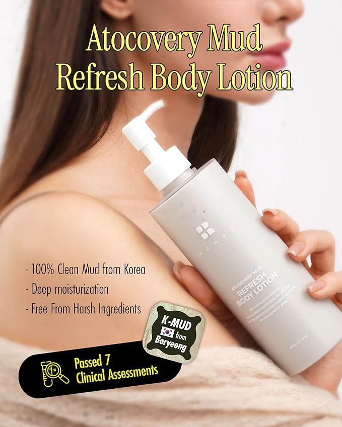 Atocovery Mud Refresh Body Lotion - Ultimate Hydration Itchness Relief Boryeong Mud Body Moisturizer - Mild & Gentle Ingredients for Sensitive Skin - Geranium & Rose Scent, 10.58 oz.