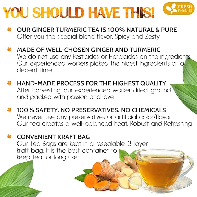 FRESHDRINKUS Premium 65 Turmeric Ginger Tea Bags, 100% Natural Ingredients, Hand-made Blend of and Ginger, Eco-conscious Bags. Herbal Tea. No Sugar, Caffeine, Gluten, Vegan.