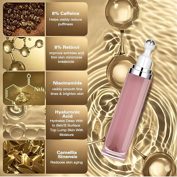 Eye Serum with 8% Caffeine 8% Retinol Hyaluronic Acid Niacinamide peptides for Puffy Bags Fine Lines Dark Circles Wrinkles, Under Eye Cream with 360° Roller Massage Ball, 0.5 fl. oz