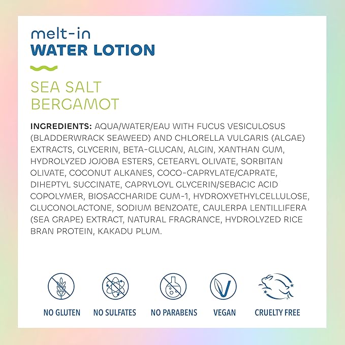 Seaweed Bath Co. Melt-In Water Lotion, Sea Salt Bergamot Scent, 4 Ounce, Sustainably Harvested Seaweed, Sea Grape, Beta-Glucan