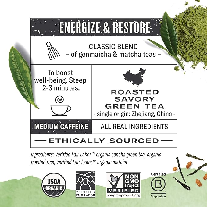 Numi Organic Tea Matcha Toasted Rice, 18 Count (Pack of 3) Box of Tea Bags, Green Tea (Packaging May Vary)