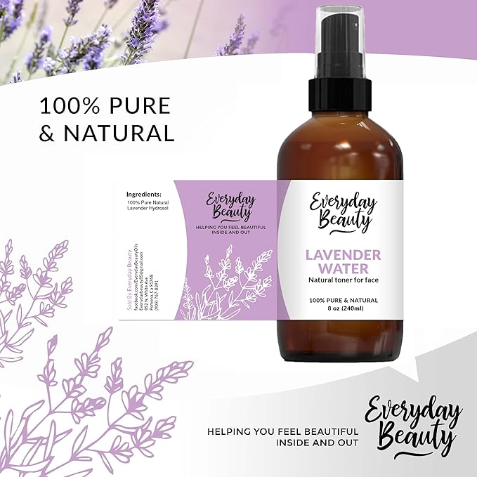 Lavender Hydrosol Facial Toner - All Natural Hydrating Spray Mist for Face and Hair - 100% All Natural Lavender Water Hydrosol 8oz with Fine Mist Cap