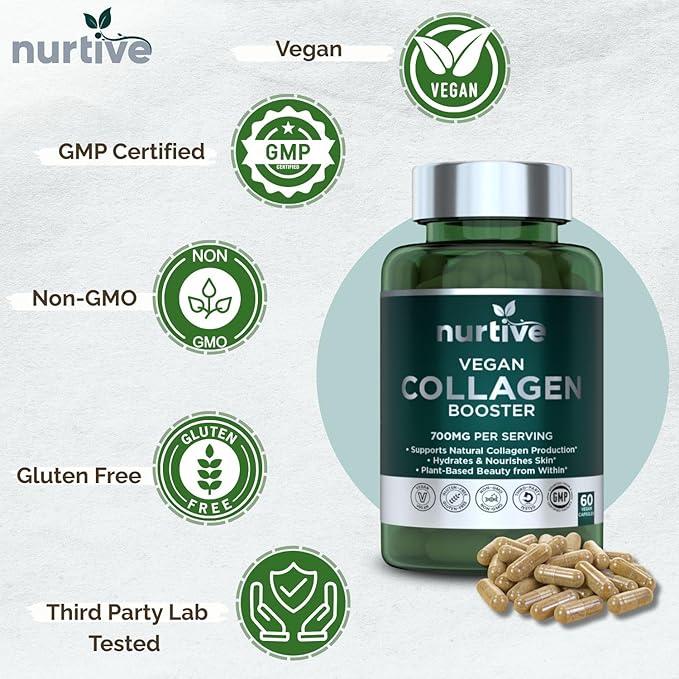 Plant-Based Collagen Booster - Vegan Support with Vitamin C, Amino Acids & Hyaluronic Acid - 700mg per Serving - Third-Party Lab Tested - Non-GMO, Gluten-Free, No Fillers - 60 Vegan Capsules
