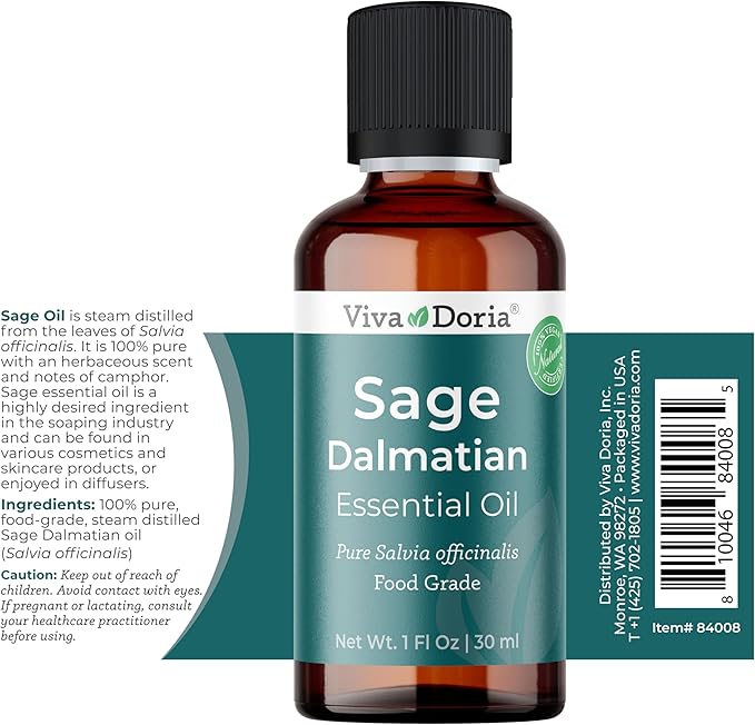 Viva Doria Sage Essential Oil, 100% Pure, Natural, Dalmatian Sage Essential Oil, Undiluted, for Aromatherapy | Food Grade, 30 mL (1 Fluid Ounce)