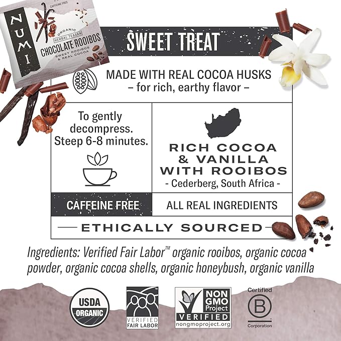 Numi Organic Rooibos Tea Variety Pack, 18 Tea Bags (Pack of 3), Chocolate Rooibos, Rooibos Chai, Rooibos (Packaging May Vary)