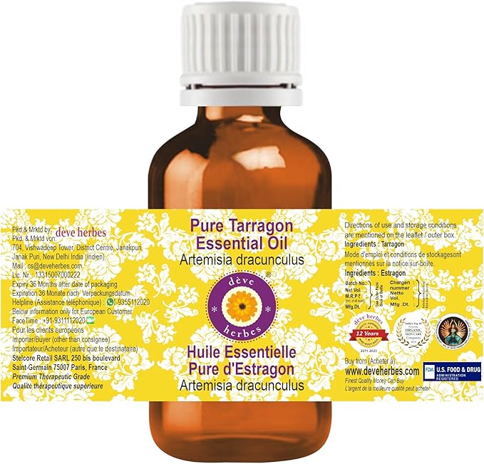 Deve Herbes Pure Tarragon Essential Oil (Artemisia Dracunculus) Steam Distilled (Pack of Two) 100ml X 2 (6.76 oz)
