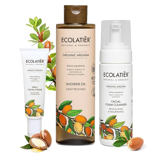 Shower Oil, Facial Foam Cleanser & Daily Facial Cream - Revitalizing & Nourishing Organic Argana Bundle - Hydrating, Anti-Aging & Skin Elasticity Boost Care Set