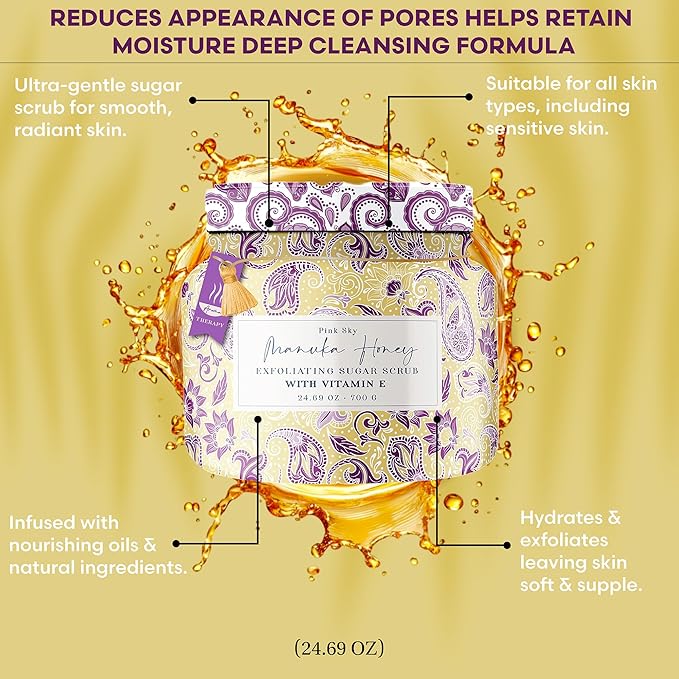 Pink Sky Exfoliating Body Scrub - Ultra Gentle Sugar Scrub for Smooth Skin - Premium Body Scrubs for Radiant, Soft Skin - Ideal Exfoliator for All Skin Types - 700g (Manuka Honey, 24.69 Oz)