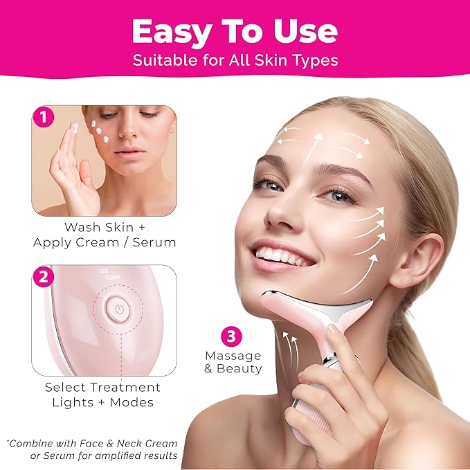 Red Light Therapy for Face & Neck Facial Massager - luminesce 7-in-1 L-E-D Facial Sculptor, True Beauty Glow, Lymphatic Drainage Massager, Double Chin Reducer, Face Lift, Gua Sha Tool, Pink, Biidey