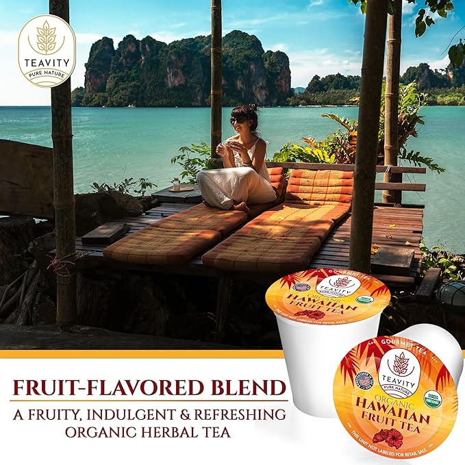 Organic Hibiscus Teapods with Peach, Mango, & Passionfruit - Naturally Decaffeinated Hawaiian Fruit Tea by Teavity (12 Tea Pods)