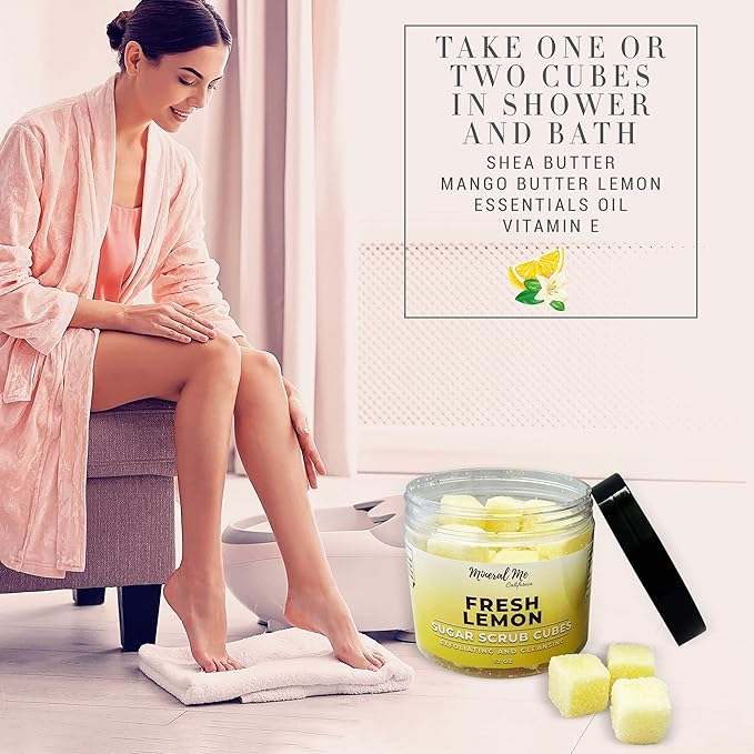 Body Scrub Exfoliator - 12oz FRESH LEMON Sugar scrub cubes w/Mango Butter & Shea butter- Ultra Hydrating & Moisturizing - Natural & Organic for all body exfoliation- For hands, arms legs, elbow & foot
