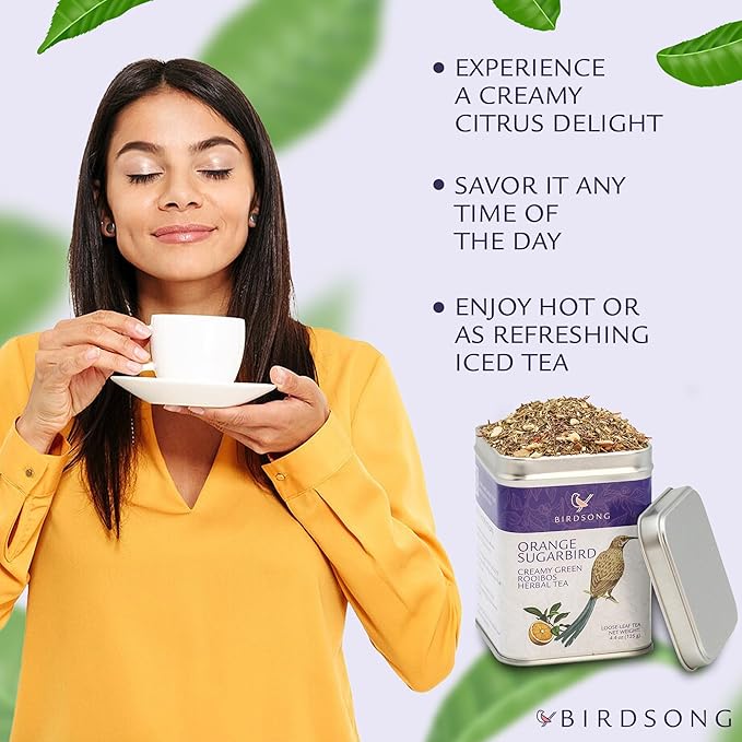 Birdsong Orange Sugarbird: Organic Green Rooibos Herbal Teas, Light and Refreshing Caffeine Free Tea with 100% Natural Sweet Creamy Flavor and Health Benefits, 15 Pyramid Honeybush Orange Tea Sachet
