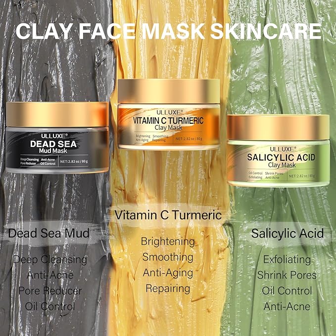 Facial Clay Mask Set - Vitamin C Face Mask with Turmeric, Dead Sea Mud & Salicylic Acid Mask for Pores Cleansing, Blackheads, Dark Spots, Brightening, Face Masks Skincare Gift for Women, 2.82 oz each