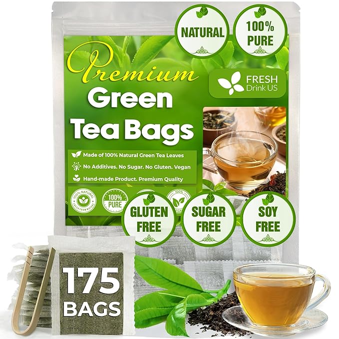 FreshDrinkUS, Premium 175 Green Tea Bags, 100% Natural & Pure from Green Tea. Green Herbal Tea. Made with Natural Material Tea Bags. No Sugar, No Gluten, Vegan