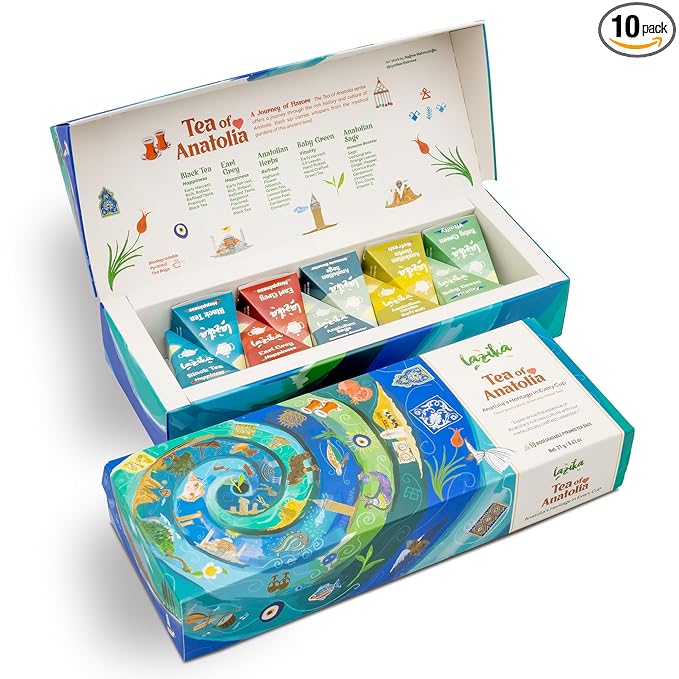 Lazika Tea Variety Pack with Lovely Presentation Box, Black, Green and Herbal Tea Sampler Gift Set, 10 Counts, Premium Collection with Pyramid Infuser Bag, Handcrafted