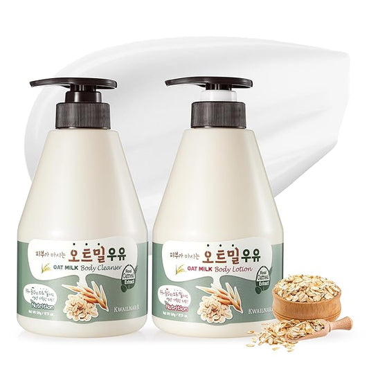 WELCOS Kwailnara Oat Milk Body Lotion & Body Wash Set – Moisturizing & Revitalizing Korean Skincare Bundle with Oat Extract, 560g / 19.75oz Each