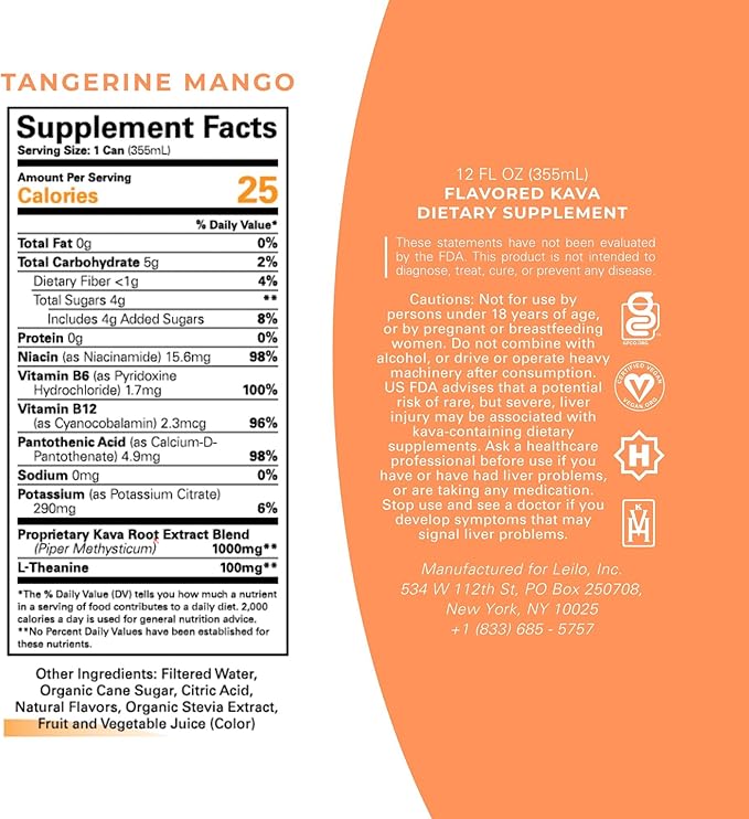 LEILO | Kava Powered Sparkling Relaxation Drink | Tangerine Mango 12-Pack – Non-ALC Calming Beverage | 12 fl oz Cans (Pack of 12) | Packaging May Vary