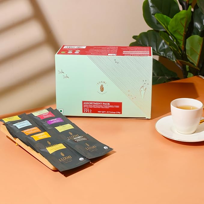 Luxmi Estates - Assortment Pack (60 tea bags *2g each)| 120g pack | Valerian Dream, Midnight Bloom, Turmeric Timeout, Astounding Ashwagandha, Purely Peppermint, Citrus Sky, Minty Mile, African Rose, Indian Passion