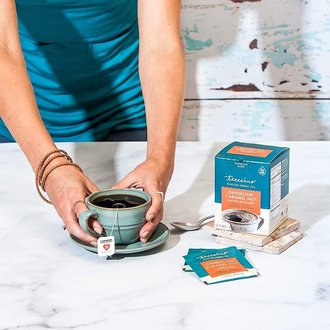Teeccino Dandelion Caramel Nut Tea - Caffeine Free, Roasted Herbal Tea with Prebiotics, 3x More Herbs than Regular Tea Bags, Gluten Free - 10 Tea Bags (Pack of 4)