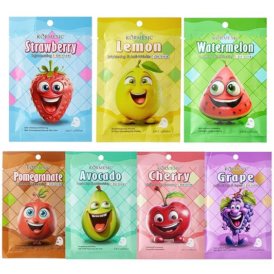 Fruit Face Mask, Facial Mask for Kids, Hydrating Face Masks Skincare Set, Sheet Masks Skin Care, Face Mask Set for Women Men Nourishing Skin, Birthday Party Spa Gift for Kids Teens Girls 7-Pack