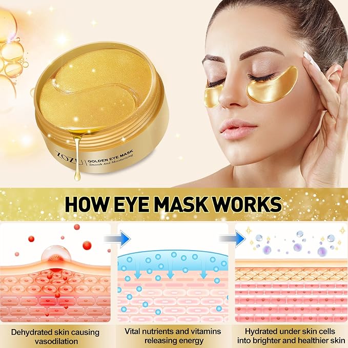 Under Eye Mask, 60 PCS Golden Gel Under Eye Patches for Dark Circles, Undereye Bags, Wrinkles Gel Under Eye Patches Gifts for Women Birthday Gifts for Women